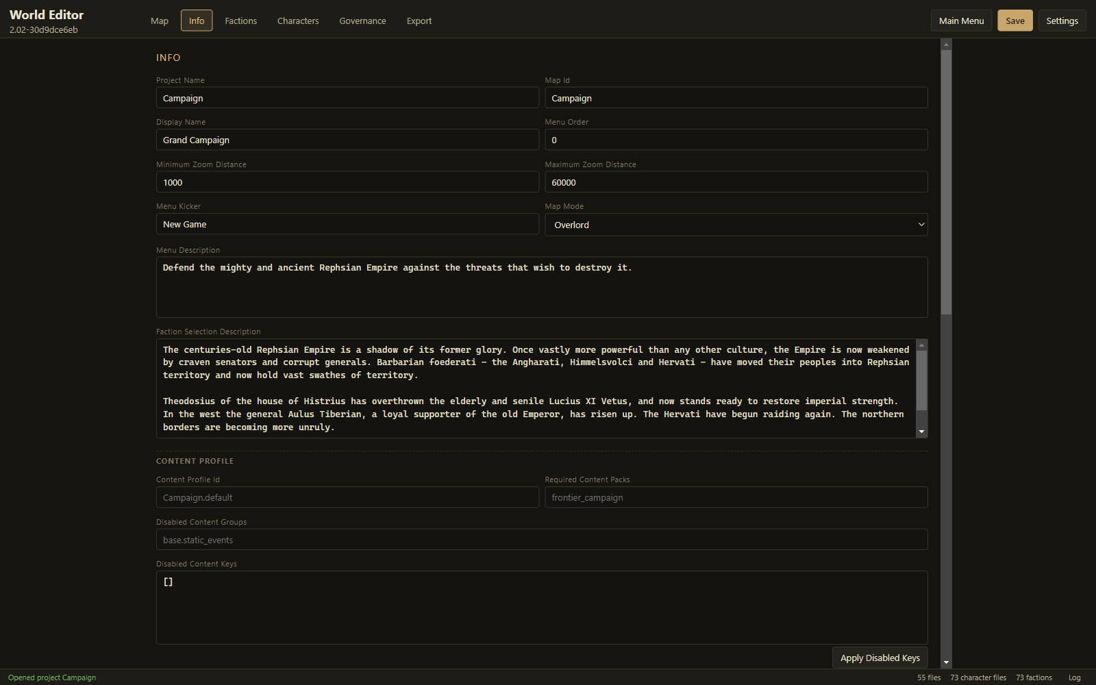 The Info panel with content-pack profile fields